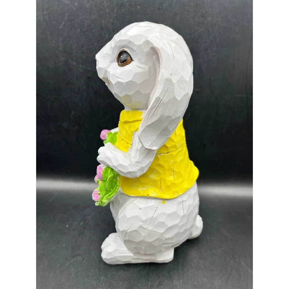 Hello Spring Easter Bunny Figurine White Rabbit Resin‎ Floral Tulip Wreath 8.5